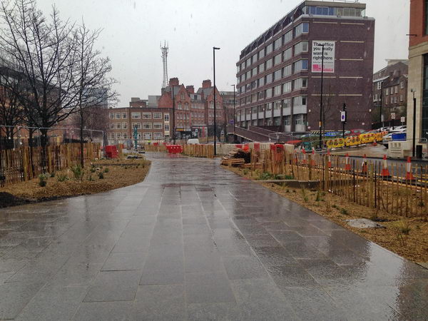 Swales and paving under construction at Europe’s largest retrofit urban SuDS project in Sheffield
